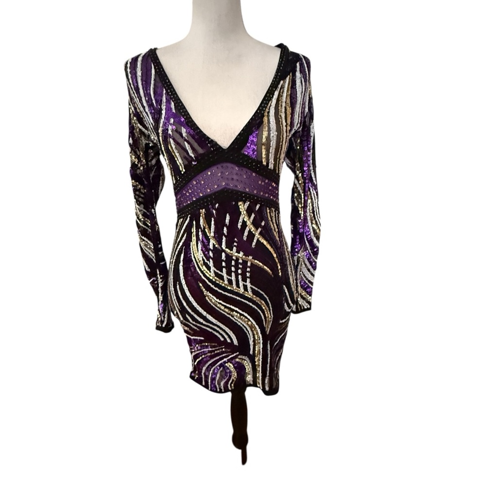 Fashion Nova Women's Size M Black Purple Sequin Long Sleeve Evening Dress